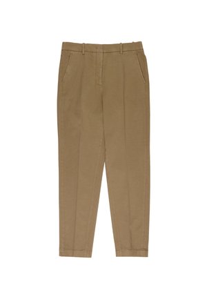 Beige rechte broek met zijzakken, riemlussen en een voorrits met knoopsluiting, plat uitgestald op een witte achtergrond.
