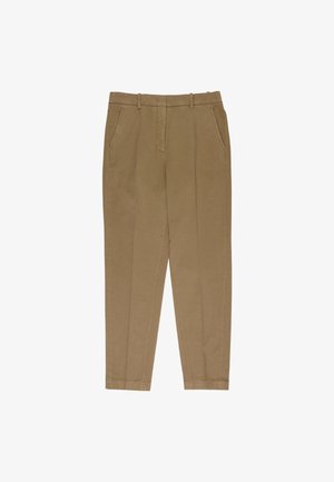 Pantalones beige de corte recto con bolsillos laterales, trabillas para cinturón y cremallera frontal con cierre de botón, mostrados extendidos sobre un fondo blanco.