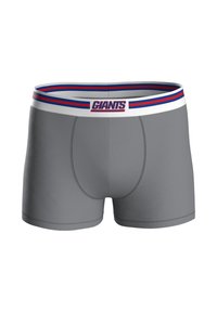 Boxer grigi con fascia elastica bianca con righe rosse e blu. La fascia è etichettata con la scritta "GIANTS." Tessuto liscio con design aderente.