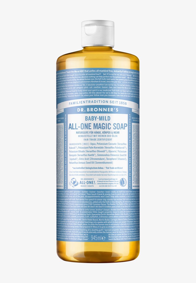 Dr. Bronners Baby-Mild All-One Magic Soap Flasche, 945 ml, bernsteinfarben mit detailliertem blau-weißem Etikett auf Deutsch.