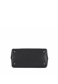Black leather handbag with a rectangular shape. Features metal hardware accents and four metal feet on the base for stability.
