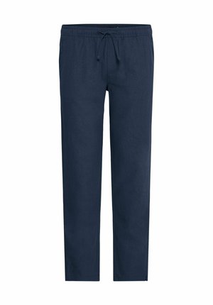 Marineblaue Hose aus leichtem Stoff, mit elastischem Bund und Kordelzug, geradem Schnitt und ohne sichtbare Muster.