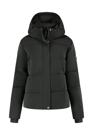 Zwarte gewatteerde winterjas met capuchon, voorrits en drukknoopsluiting, lange mouwen en een subtiele logopatch op de linkerarm.