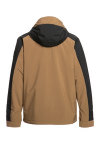 Wasserabweisende Jacke mit einem braunen Körper und schwarzen Akzenten. Verfügt über eine Kapuze, lange Ärmel und ein lässiges Design. Glatte Textur.