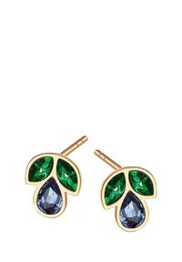 Kolczyki w złotym odcieniu, ozdobione trzema kamieniami w kształcie liści w odcieniach zieleni i niebieskiego. Wzór zawiera dwa zielone kamienie oraz jeden w kształcie kropli w kolorze niebieskim.