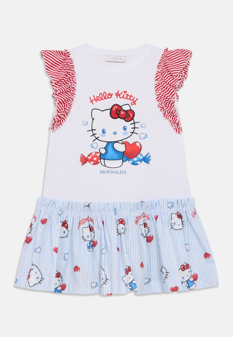 Λευκό φόρεμα με γραφικό Hello Kitty, κόκκινο φιόγκο με πουά, ριγέ κόκκινα βολάν και φούστα με μπλε ρίγες και επαναλαμβανόμενα μοτίβα Hello Kitty.
