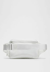 White fanny pack made of smooth fabric; features a zippered top, flat design, and adjustable strap with a plastic buckle.