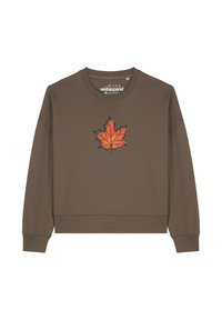 Bruine sweatshirt van katoen met een ronde halslijn, met een oranje en rode esdoornblad ontwerp in het midden. Ontspannen pasvorm met ribgebreide manchetten.