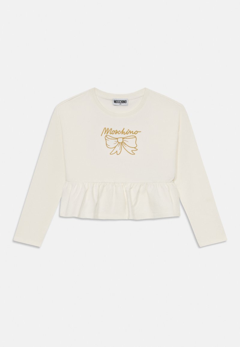 Top blanco de manga larga con un dobladillo con volantes. Incluye bordado en el frente con el texto dorado "Moschino" y un diseño de lazo. Material de algodón suave.