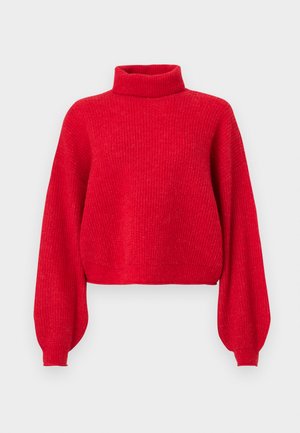 Rød, ribbestrikket genser med høy krage, oversized ermer og cropped hem. Laget av mykt garn med en teksturert finish.