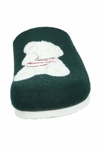 Green felt slipper with a rounded toe, featuring a white teddy bear design and a red striped shirt, on a white sole.