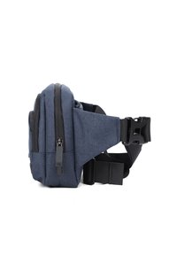 Borsa a tracolla in tessuto blu con due scomparti con zip, tracolla regolabile e hardware nero. Presenta una forma compatta e rettangolare.