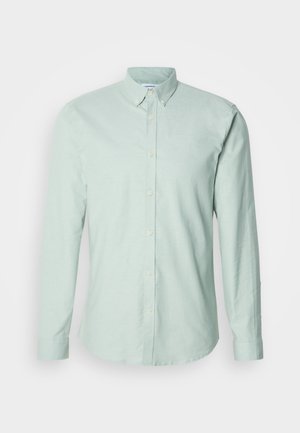 Hellgrünes, langärmliges Button-up-Hemd mit Kragen, durchgehenden Knöpfen und abgerundetem Saum. Hergestellt aus weichem Stoff mit glatter Textur.