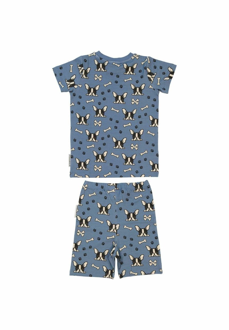 Kaksi-osainen puuvillapyykkisarja vaaleansinisessä sävyssä, jossa on ympäriinsä painettuja koirankasvoja, luita ja tassunjälkiä. Lyhyet hihat ja joustovyötärö.