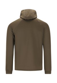 Hoodie in gedempt olijfgroen, gemaakt van soepel materiaal. Kenmerkt zich door een getailleerd ontwerp, lange mouwen en vlakke stiksels.