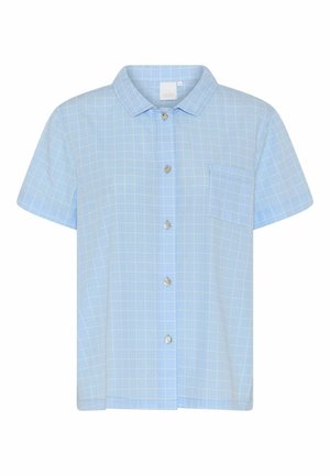 Lichtblauw overhemd met korte mouwen en een wit ruitpatroon, knoopsluiting en één borstzak. Gladde textielafwerking.
