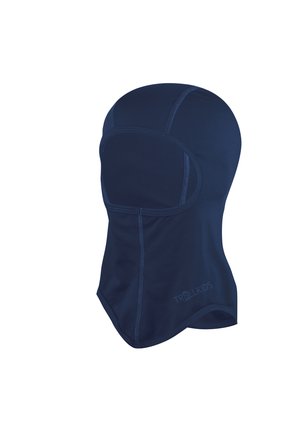 Navy blue balaclava made of stretchy fabric, featuring flat seams and a snug fit around the face and neck. Logo visible on lower edge.