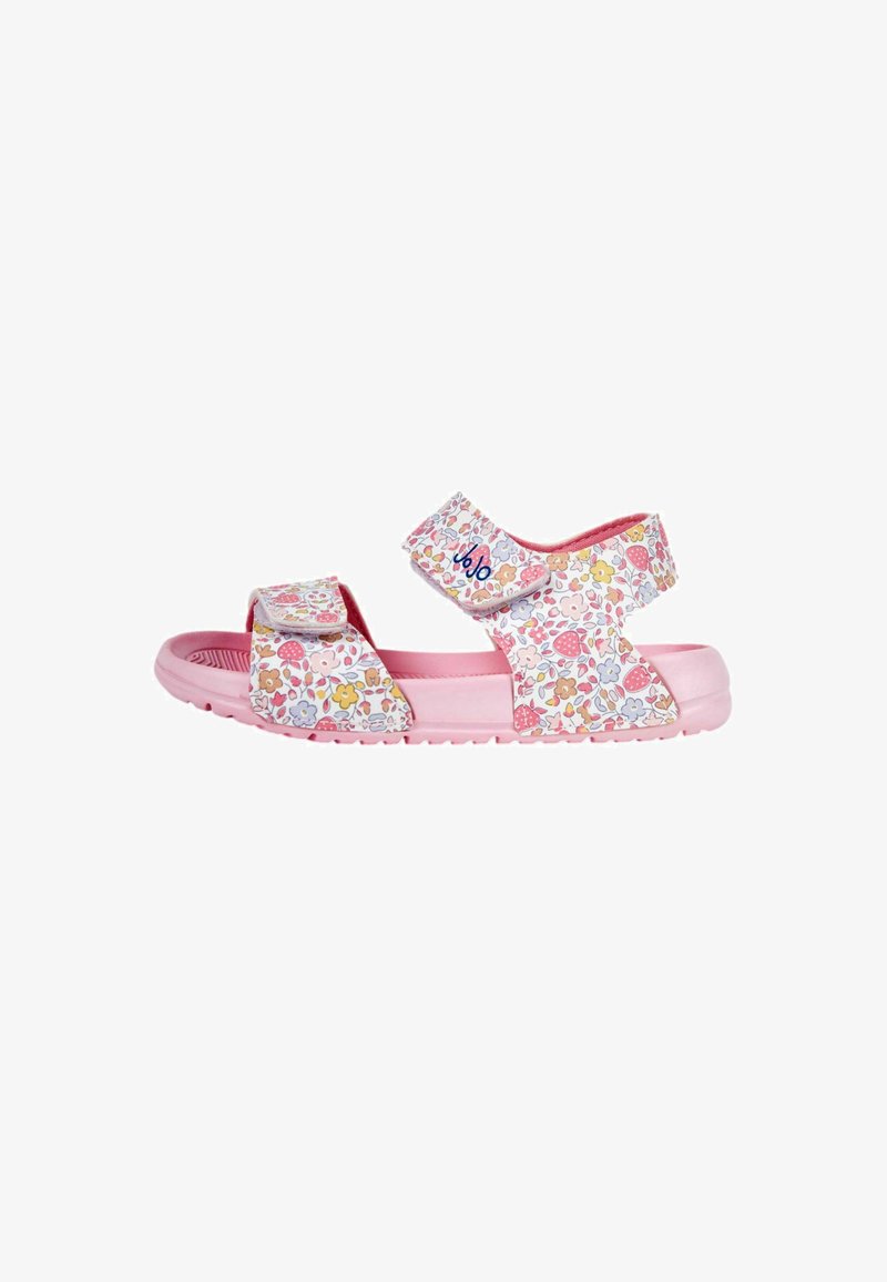 Sandalia infantil rosa con tiras ajustables de estampado floral y suela acolchada, diseñada para la comodidad y fácil uso.