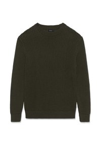 Zaļš adīts džemperis ar teksturētu rakstu, ar ribotām apkaklītēm, aprocēm un apakšmalu. Dizains ir vienkāršs, ar garām piedurknēm un apļa formā apkakli.