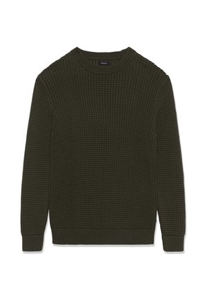 Zöld kötött pulóver textúrált mintával, bordázott nyakkal, mandzsettákkal és szegéllyel. A dizájn egyszerű, hosszú ujjak és kerek nyak található rajta.
