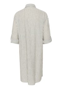 Koszula w paski z krótkim rękawem, z kołnierzykiem i pionowymi jasnoszarymi oraz ciemnoszarymi paskami na białym tle.