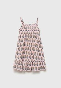 Rochie din bumbac roz cu model floral în nuanțe de albastru și portocaliu, cu bust strâns, bretele ajustabile și o fustă evazată cu volane.