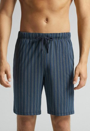 Shorts de bain pour hommes en tissu léger, avec des rayures verticales bleues et orange, une taille élastique, et un cordon de serrage.