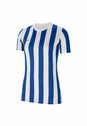 Blauw-wit gestreept Nike T-shirt met een ronde hals, korte mouwen en een zwart swoosh-logo op de linkerborst. Gemaakt van ademend materiaal.