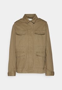 Khaki canvas jacket with a collared neckline, two chest pockets, and two lower pockets. Features epaulets and buttoned cuffs.