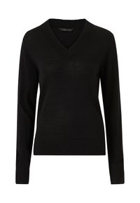 Black V-neck sweater made from soft material, featuring long sleeves, ribbed cuffs, and hem for a fitted shape. Classic design with minimal details.
