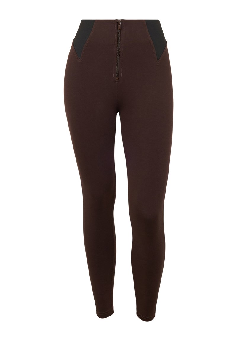 Leggings marroni a vita alta con zip frontale e pannelli elastici neri laterali, silhouette aderente, lunghezza alla caviglia.