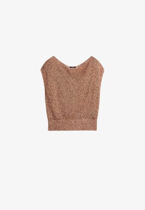 Brązowy i beżowy dziergany sweter bez rękawów z szerokim prążkowanym dołem i okrągłym dekoltem.