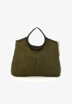 Borsa tote in pelle verde oliva con una texture liscia, manico superiore arrotondato e dettagli in metallo dorato. Presenta cuciture a contrasto.