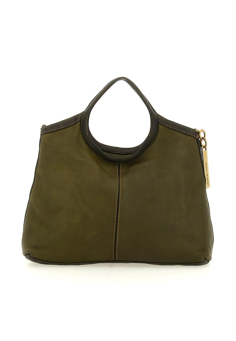 Borsa tote in pelle verde oliva con una texture liscia, manico superiore arrotondato e dettagli in metallo dorato. Presenta cuciture a contrasto.