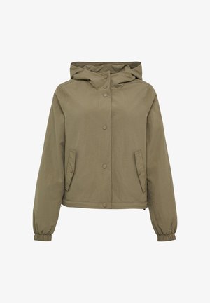 Olivza zaļa viegla jakas ar kapuci, ar snap pogu aizdari, elastīgiem piedurkņu galiem un divām priekšējām kabatām. Gluda, nedaudz teksturēta auduma.