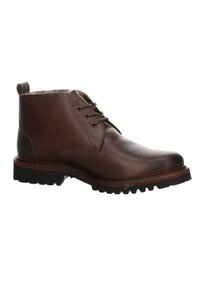 Bottine en cuir marron avec bout arrondi, design à lacets, semelle rouge contrastante, semelle texturée pour une meilleure adhérence, et une languette à l'arrière.