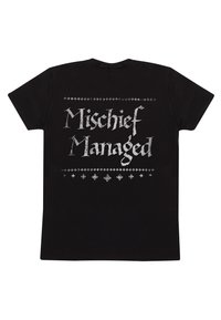 Černé bavlněné tričko s nápisem "Mischief Managed" v metalické stříbrné barvě, obklopené dekorativními prvky kolem lemu.
