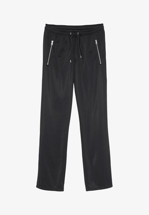 Black jogger pants made from a smooth, lightweight material. Features an elastic waistband, drawstring, and two zippered pockets on the sides.