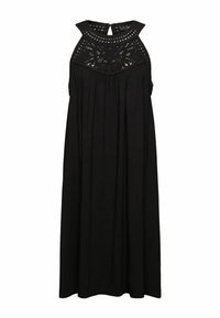 Robe maxi noire avec un col licou et des détails en crochet complexes sur le corsage. Design plissé, tissu doux et coupe décontractée.