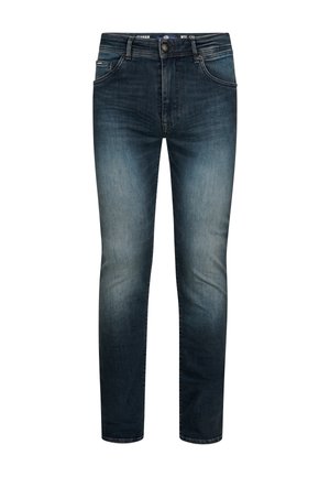 Jeans slim-fit blu scuro con dettagli sbiaditi, chiusura frontale con bottone, cerniera e cinque tasche.