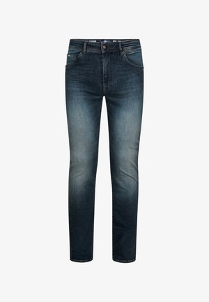 Mørkeblå slim-fit jeans med falmede detaljer, frontknap, lynlås og fem-lomme stil.