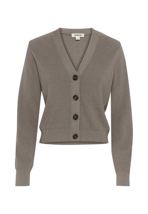 Grey ribbed cardigan with a V-neck, cropped design, and black button closures. Features long sleeves and textured fabric.