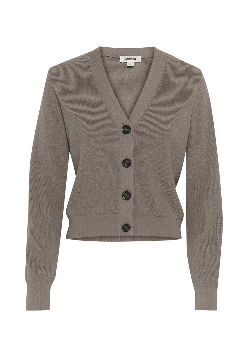 Grauer gerippter Cardigan mit V-Ausschnitt, verkürztem Design und schwarzen Knopfverschlüssen. Verfügt über lange Ärmel und eine strukturierte Stoffoberfläche.