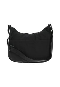 Borsa a spalla in tessuto nero con forma curva, tracolla regolabile e chiusura a zip visibile. Caratterizzata da una tasca frontale e una texture morbida.