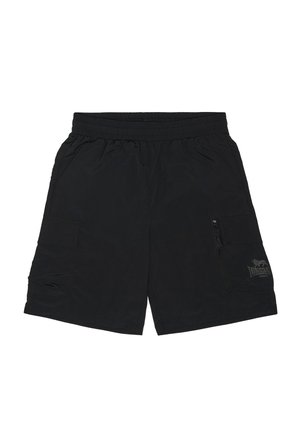 Bermuda cargo pour hommes noirs avec taille élastique, poches latérales, une poche zippée et petit logo de la marque sur la jambe droite.