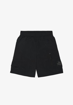 Mustad meeste püksid elastse vöökohaga, küljetaskud, üks lukuga tasku ja väike brändilogo paremal jalal.