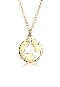 Goldene Anhängerkette mit einem hohlen Globusdesign und ausgeschnittenen Kontinenten. Die Kette ist zart und die Glieder sind einheitlich.