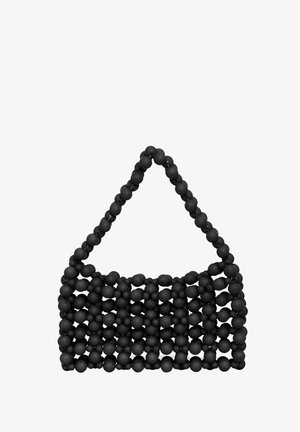 Borsa a mano nera con manico triangolare. Realizzata con perline sferiche opache disposte in un motivo a griglia. Design leggero e flessibile.