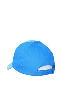 Cappellino da baseball blu visto da dietro con cinturino regolabile e sei fori di ventilazione cuciti sulla corona.