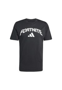Sort kortærmet t-shirt lavet af bomuld, med stor hvid "FORTNITE" tekst og et Adidas-logo. Enkel design med rund hals.